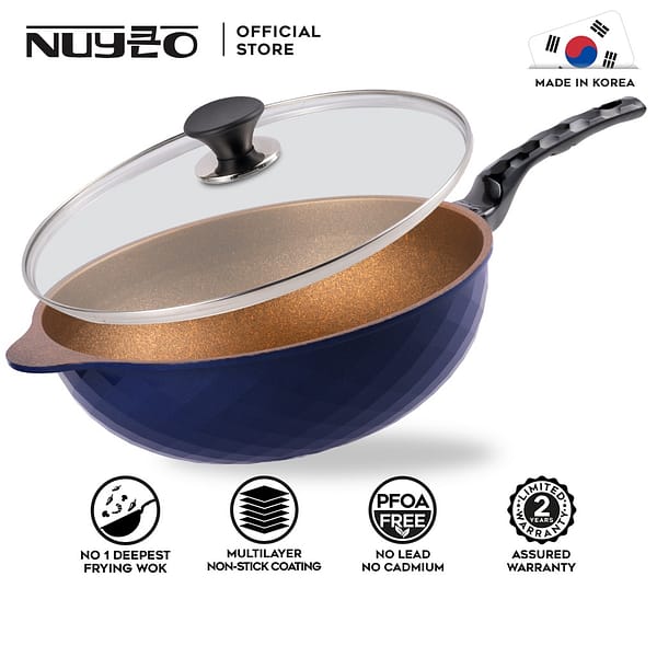 NUYEO Sigmul Series Non-Stick Ultra Stone Coating Frying Wok Pans with Stainless Steel Glass Lid (32cm/34cm)